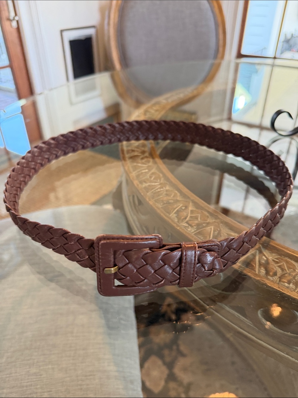 Vintage Christian Dior Brown Braided Leather Belt Size 75 Gold Tone Buckle